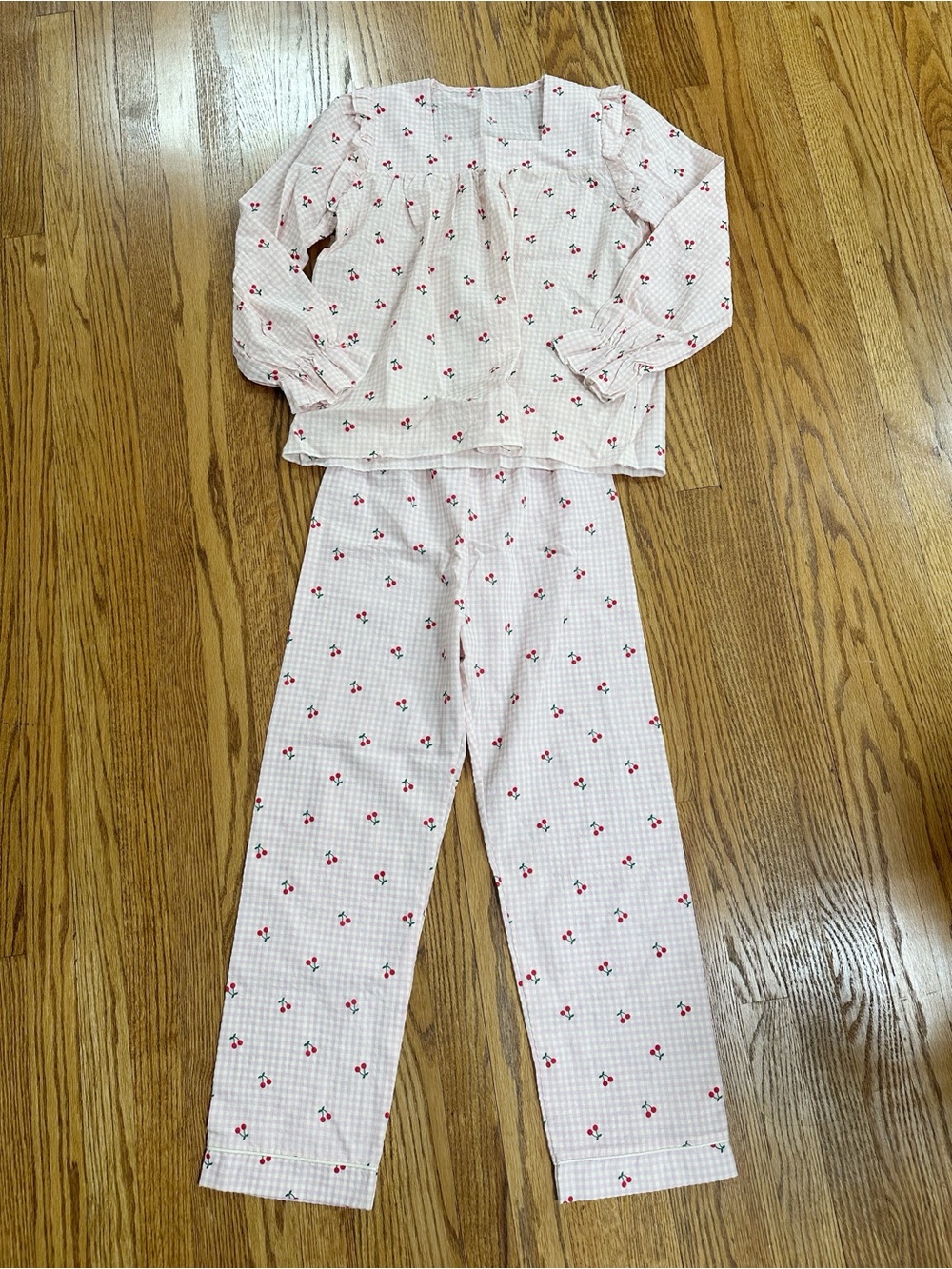 NWOT Anthropologie Women's Matching Pajama Set gingham pink with cherries
